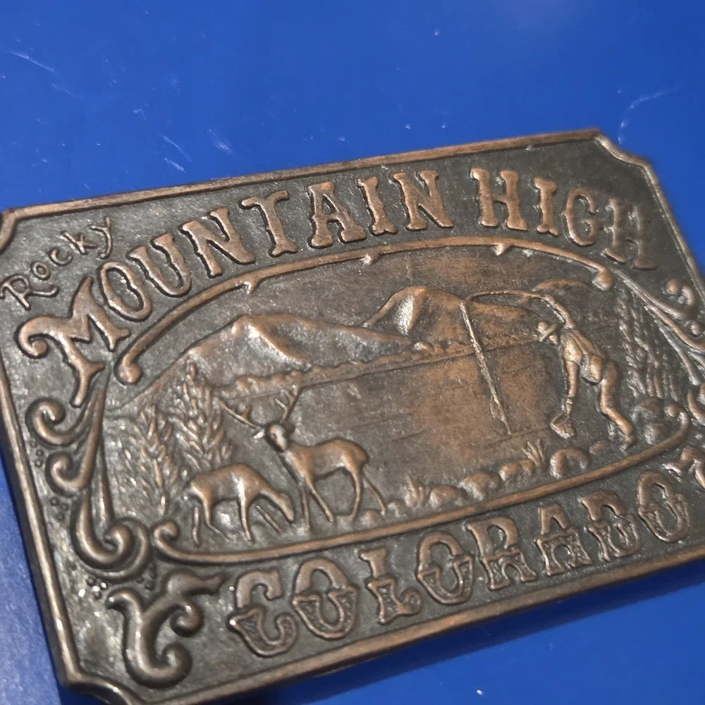 Vintage Rocky Mountain High Colorado Brass Belt Buckle Deer Mountains Hiker